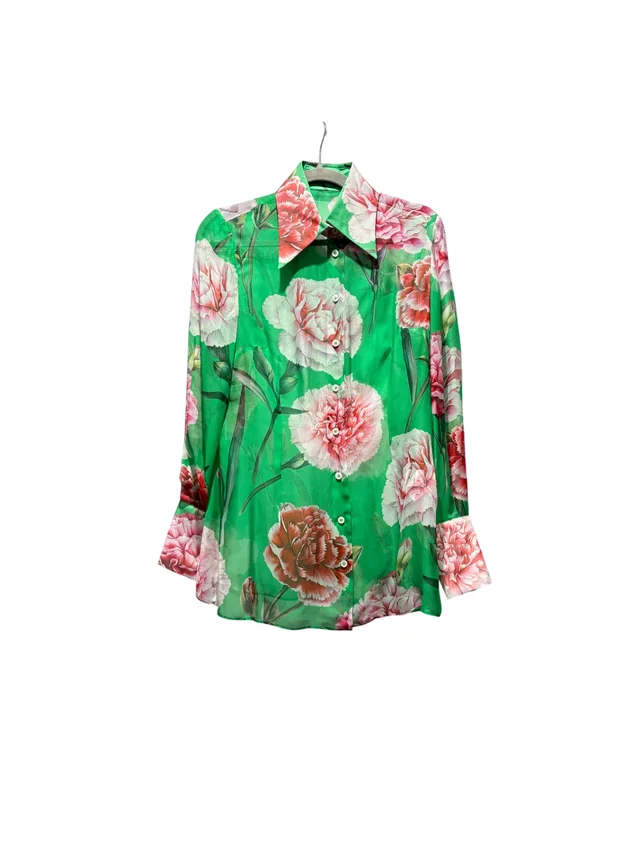 Dolce & Gabbana pink floral silk blouse: 44 in Green Silk from Revivre Luxury Consignment