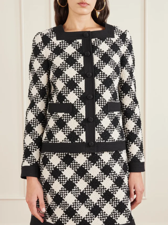 VALENTINO GARAVANI Damier checked bouclé-tweed jacket in black 44% Cotton 18% Wool 16% Viscose 12% Acrylic 8% Polyamide 2% Mohair, photo 3 of 5 from NET-A-PORTER (Canada)