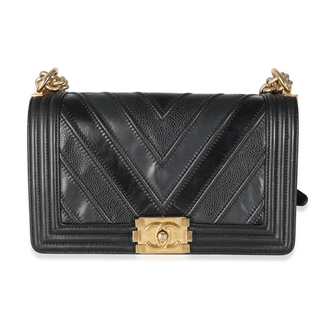 Chanel Black Calfskin Caviar In The Mix Chevron Old Medium Boy Handbag in Black Caviar leather from myGemma