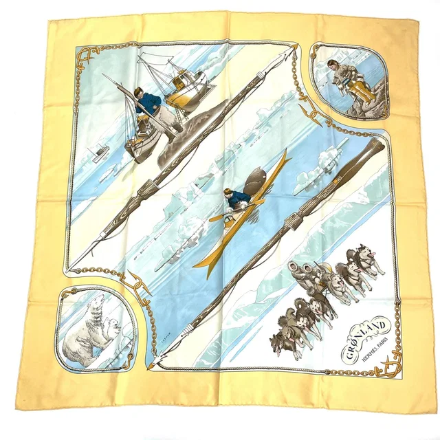 Hermès Carre 90 Gronland Green Land Eskimo Dog Sled Silk Scarf Yellow in Green Silk from The Reluxe