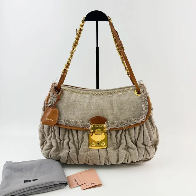 Miu Miu Matelasse Fringe Chain Shoulder Bag Canvas Leather Beige Brown Gold in Brown Canvas from The Reluxe