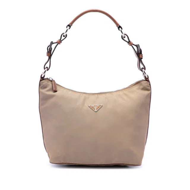 Brown Prada Saffiano Trimmed Tessuto Shoulder Bag in Brown Saffiano leather from Designer Revival
