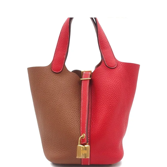 Hermès Picotin Lock PM Gold Rouge de Coeur Taurillon Clemence Casaque Handbag in Red Clemence leather from The Reluxe