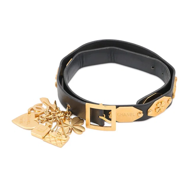Chanel Belt with Bag Charm Size 70 Black Leather in Black Leather from GALLERY RARE