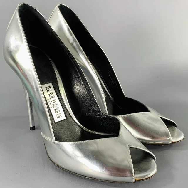 Balmain Size 6 Silver Patent Leather Peep Toe Heels Pumps in silver|gray Patent leather from Poshmark