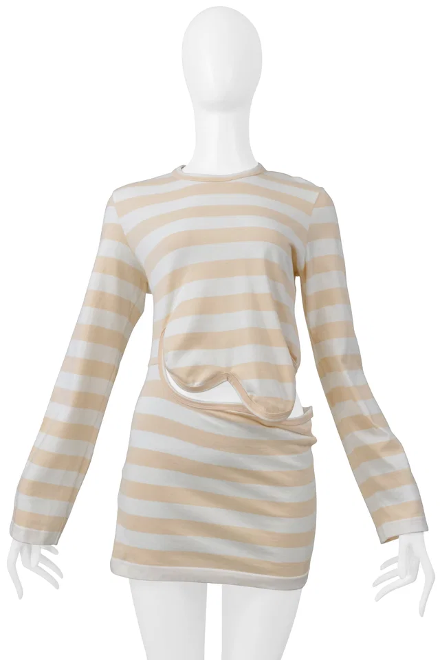 Comme des Garçons White And Tan Striped Long Sleeve Shirt With Scalloped Edges And Cut Out 2004 in Brown from Resurrection Vintage