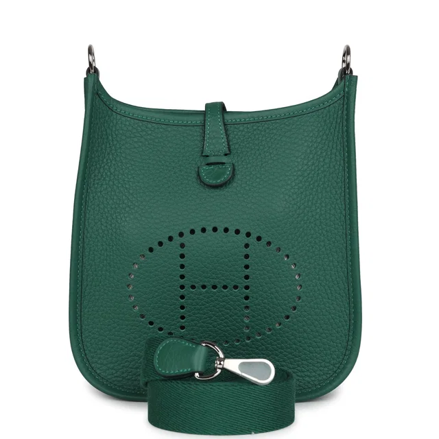 Hermès Evelyne TPM Vert Moyen Clemence Palladium Hardware in Green Clemence leather from Madison Avenue Couture