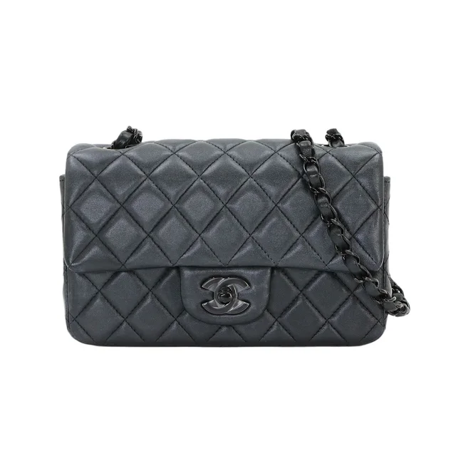 Chanel Mini Quilted 20 Chain Shoulder Bag Leather Gray Black in Black Leather from The Reluxe