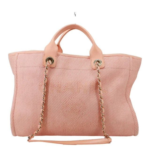 Chanel Deauville Medium Mixed Fibers Canvas Calfskin Shopping Tote Bag Peach in Calfskin from Dallas Designer Handbags