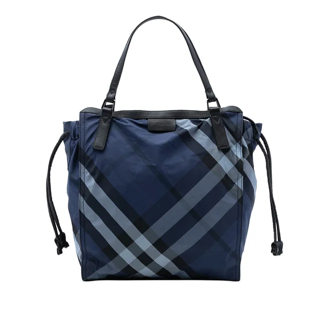 Blue Burberry Supernova Check Nylon Buckleigh Tote in Blue Nylon from Designer Revival