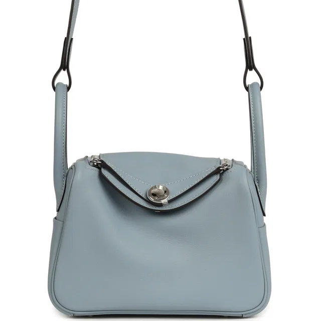 Hermès Mini Lindy II Bleu Lin Swift Palladium Hardware in Blue Swift leather from Madison Avenue Couture