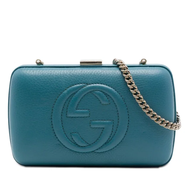Blue Gucci Calfskin Soho Clutch on Chain Crossbody Bag in Blue Calfskin from Designer Revival