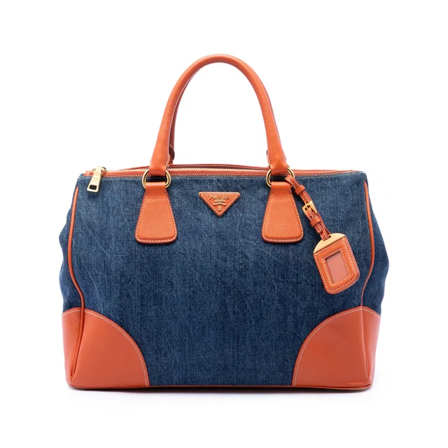 Blue Prada Saffiano Trimmed Denim Handbag in Blue Saffiano leather from Designer Revival