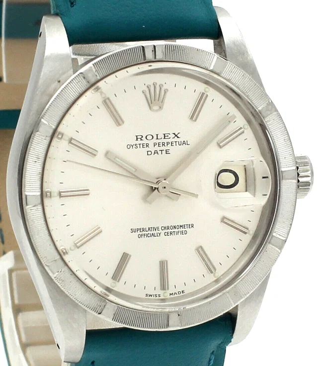 Mens VINTAGE Rolex Oyster Perpetual Date Stainless Steel Silver Dial 34mm Watch | Rolex | Buy at in Silver from Truefacet