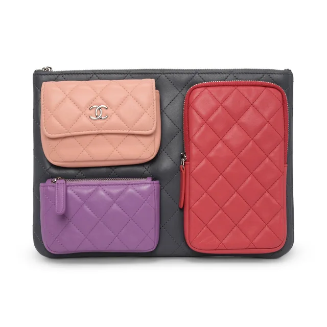 Chanel Quilted Lambskin O-Case Multi Pouch in Grey Lambskin from Blue Spinach