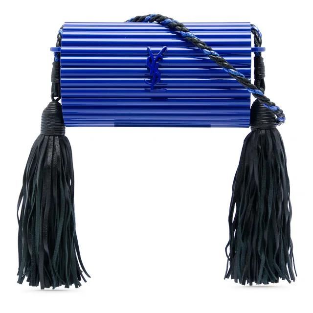 Black Saint Laurent Ribbed Acrylic and Lambskin Fringe Monogram Opium Box Bag in Black Lambskin from Designer Revival