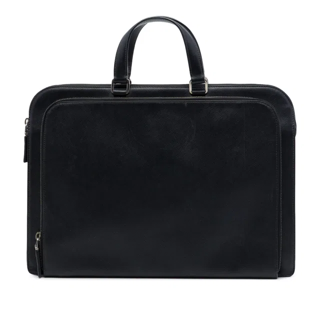 Black Prada Saffiano Cuir Travel Front Zip Pocket Briefcase Business Bag in Black Saffiano leather from Designer Revival