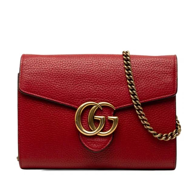 Red Gucci GG Marmont Calfskin Wallet on Chain Crossbody Bag in Red Calfskin from Designer Revival
