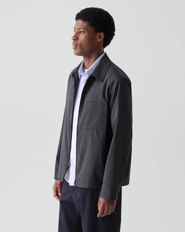 Theory Zip Overshirt in Motion Wool in CHARCOAL MELANGE 54% Virgin Wool, 25% Recycled Polyester, 20% Polyester, 1% Spandex, photo 2 of 12 from Theory
