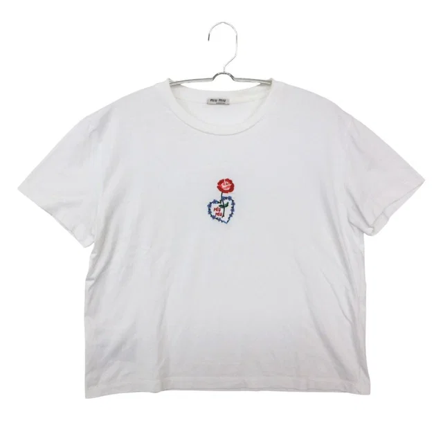 Miu Miu Short Sleeve T-Shirt Cropped Top Logo Embroidery Floral Pattern Rose in Pink from The Reluxe