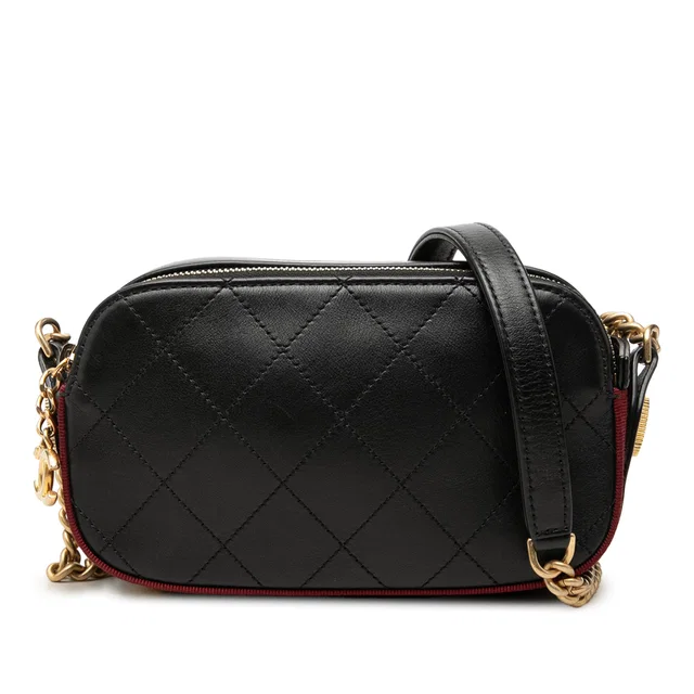 Black Chanel Stitched Calfskin and Grosgrain Button Up Double Zip Camera Bag in Black Calfskin from Designer Revival