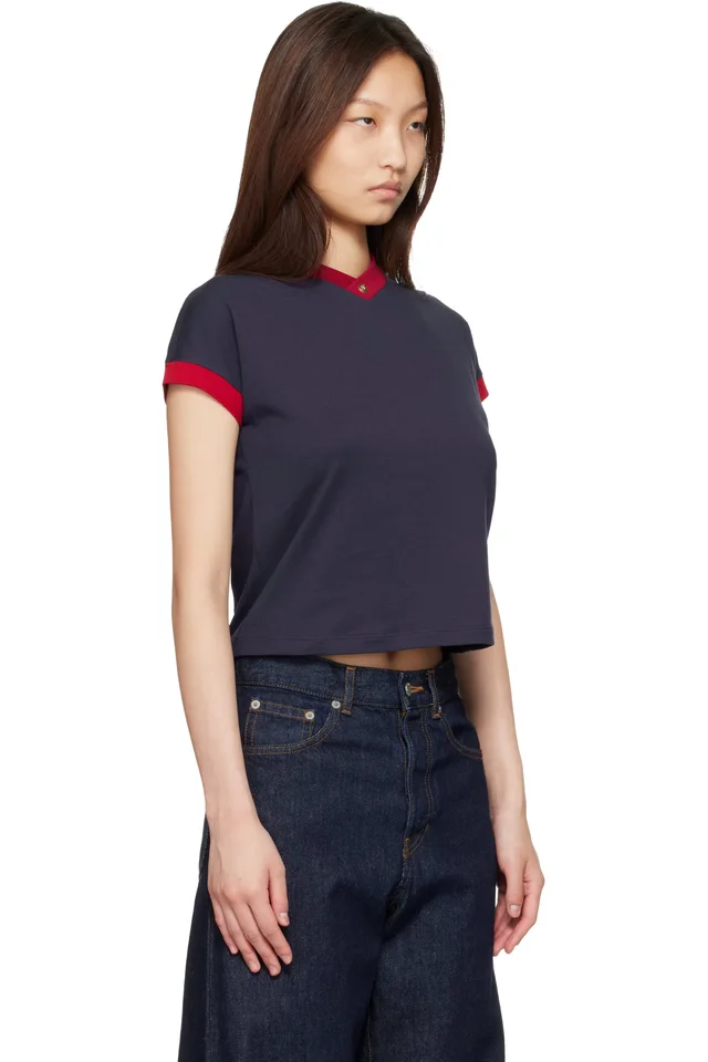 Versace Navy & Red Stretch Cotton-Jersey T-shirt, photo 2 of 4 from SSENSE
