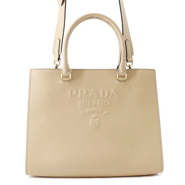Prada Embossed Logo 2-Way Bag Beige1BA337 Leather in Leather from GALLERY RARE