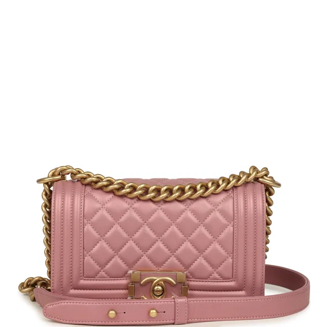Chanel Small Boy Bag Pink Iridescent Lambskin Antique Gold Hardware in Pink Lambskin from Madison Avenue Couture