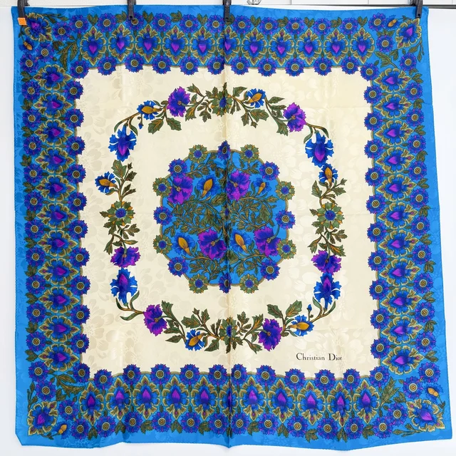 Dior Floral Arabesque Border Scarf Silk Blue Multicolor Vintage in Blue Silk from The Reluxe