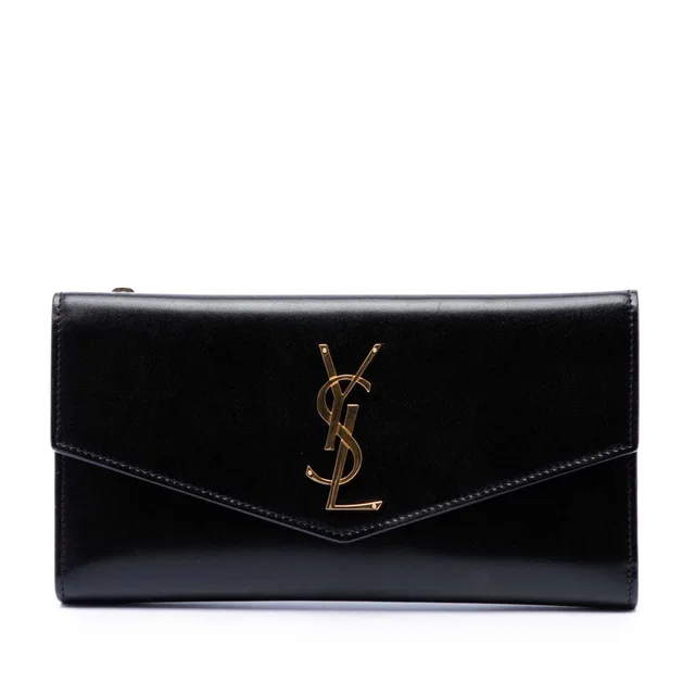 Black Saint Laurent Smooth Shiny Calfskin Monogram Uptown Clutch in Black Calfskin from Designer Revival