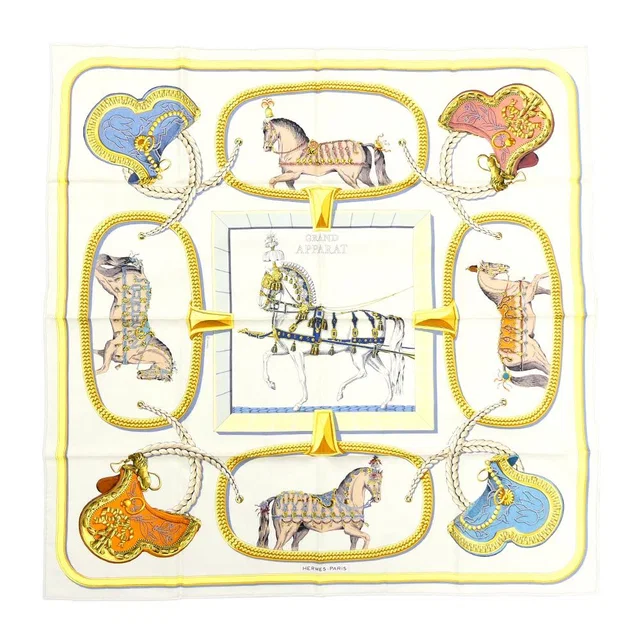 Hermès Carre 90 Grand Apala Cream Gold Multicolor Silk Scarf in White Silk from The Reluxe