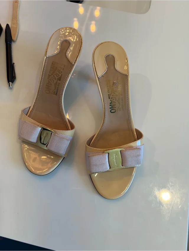 Ferragamo Cream Patent Bow Slide Sandals With Gold Hardware in pink Patent leather from Poshmark