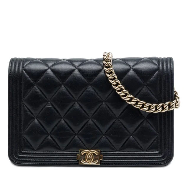 Black Chanel Quilted Lambskin Boy Wallet On Chain Crossbody Bag in Black Lambskin from Designer Revival