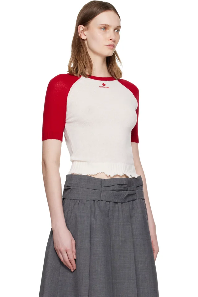 SHUSHU/TONG White & Red Color-Block Raw-Edge Short-Sleeve Knit Top, photo 2 of 4 from SSENSE