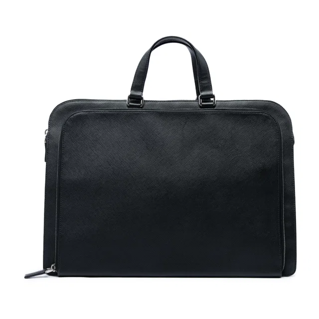 Black Prada Saffiano Cuir Travel Front Zip Pocket Briefcase Business Bag in Black Saffiano leather from Designer Revival