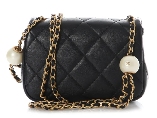 Chanel Mini Black Quilted Aged Calfskin Double Pearl Flap in Black Calfskin from Ann's Fabulous Finds, photo 5 of 10