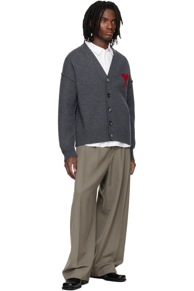 AMI Paris Gray Wool Contrasted Ami de Coeur Cardigan, photo 4 of 4 from SSENSE