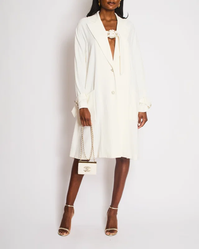 Chanel White Single Breasted Coat with Buckle Closure and CC Logo Button Detail Size FR 36 (UK 8) in White from Sellier