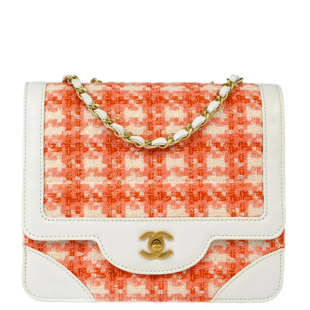Chanel 2000-2002 White Orange Tweed Single Flap Shoulder Bag in White Tweed from AMORE Vintage Tokyo