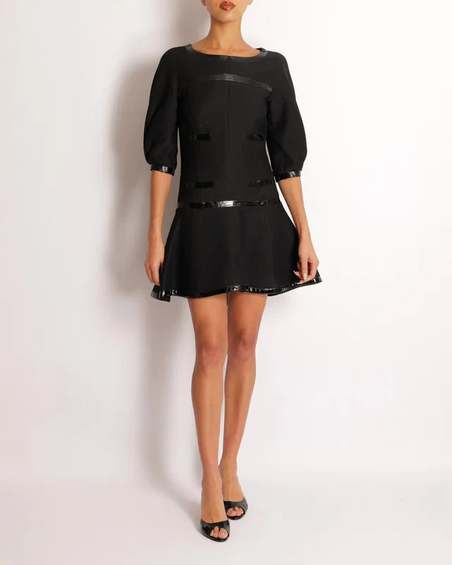 Chanel Fall 2013 Black Mini Dress with Patent Leather Effect Trim Details and Globe CC Logo Button… in Black Patent leather from Sellier