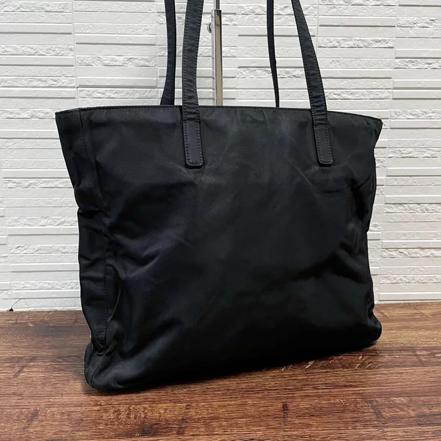 Prada Triangle Plate Logo Shoulder Tote Black in Black Nylon from The Reluxe