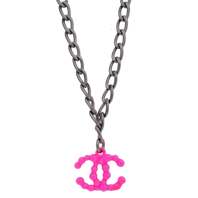Chanel CC Chain Necklace Silver Pink 04A in Pink Resin from AMORE Vintage Tokyo