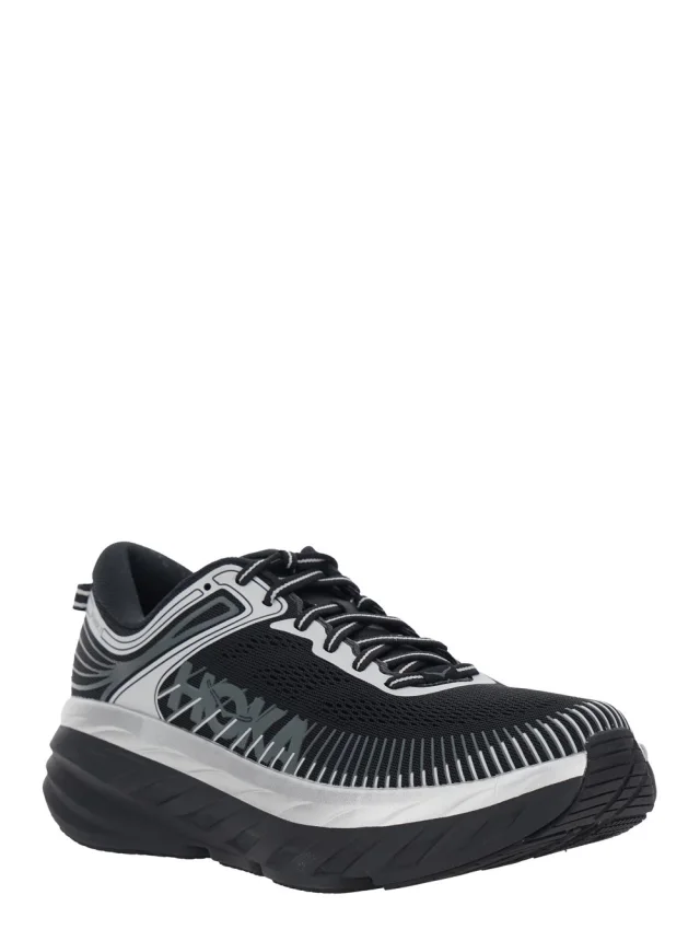 HOKA 'M Bondi 7' Black Sneaker Low Top with Logo on the Tongue and Perforated Design in Tech Fabric Unisex in Black, photo 3 of 7 from Gaudenzi Boutique
