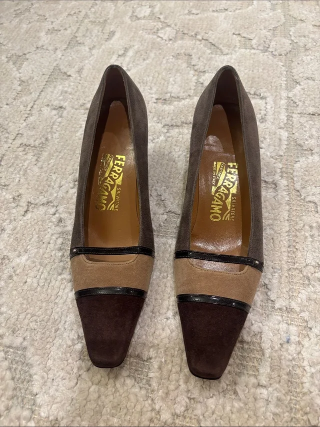 Ferragamo Brown And Tan Suede Two-Tone Pumps With Black Trim in brown|red|neutral Suede from Poshmark