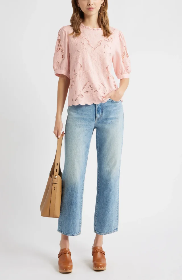 Treasure & Bond Embroidered Cutwork Puff Sleeve Linen Blend Top in Pink, photo 2 of 7 from Nordstrom Rack