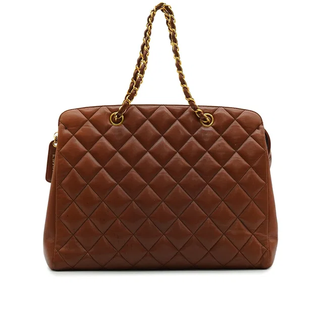 Chanel Vintage Matelasse Chain Shoulder Bag Brown Lamb Skin Gold Hardware in Brown from Luxury Promise