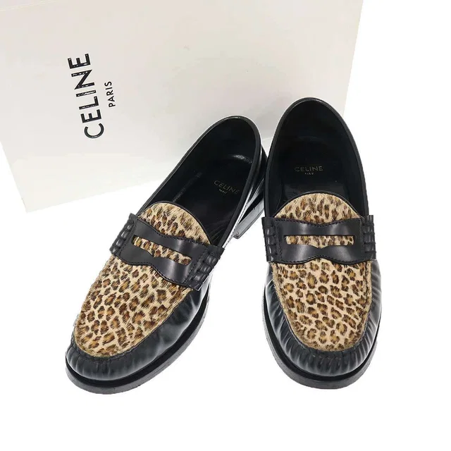 Celine Leopard Calf Hair Loafers Black Brown in Black from The Reluxe