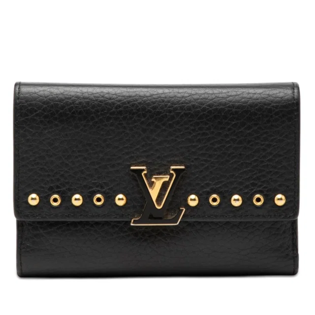 Black Louis Vuitton Studded Taurillon Capucines Compact Wallet Small Wallets in Black Leather from Designer Revival