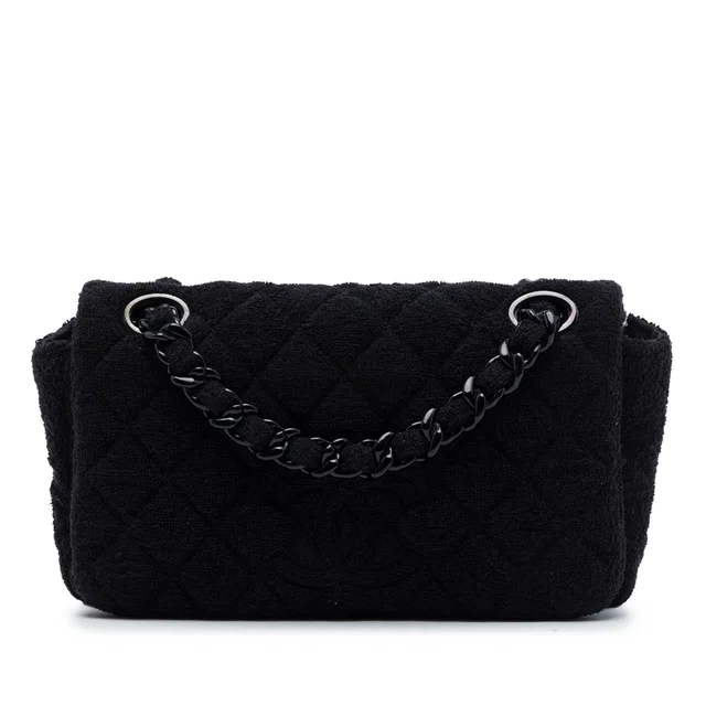 Black Chanel CC Quilted Terry Cloth Flap Shoulder Bag in Black Woven leather from Designer Revival