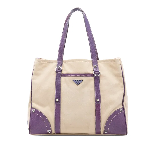 Brown Prada Studded Leather Trimmed Canvas Front Pocket Tote Satchel in Brown Canvas from Designer Revival